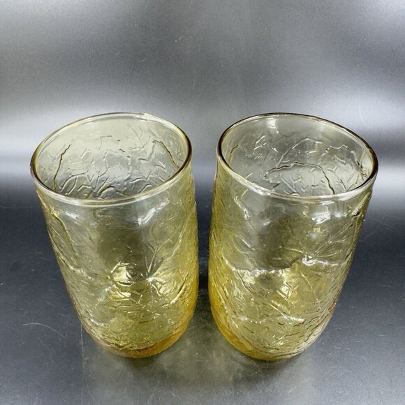 Anchor Hocking Sherwood Amber Glass Leaf Textured Glasses Vintage Glassware Set2 - Picture 9 of 12